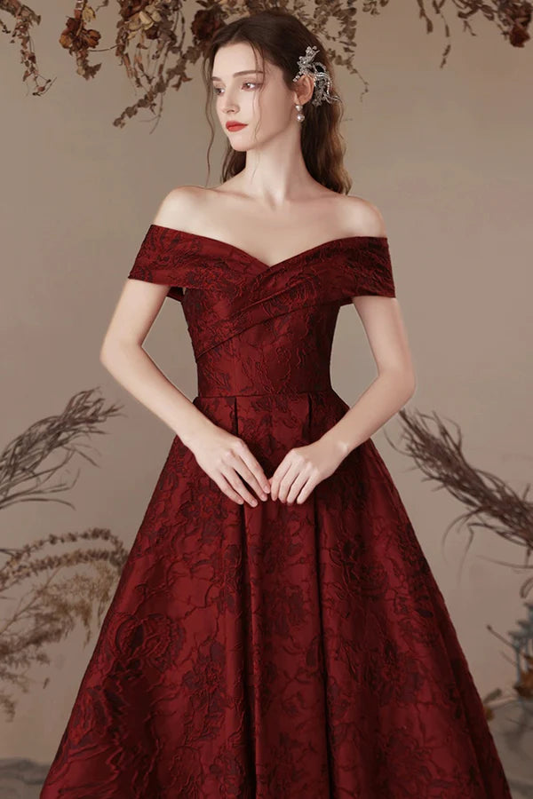 Wholesale Burgundy Satin Long Prom Dress Beautiful A-Line Off the Shoulder Evening Party Dress