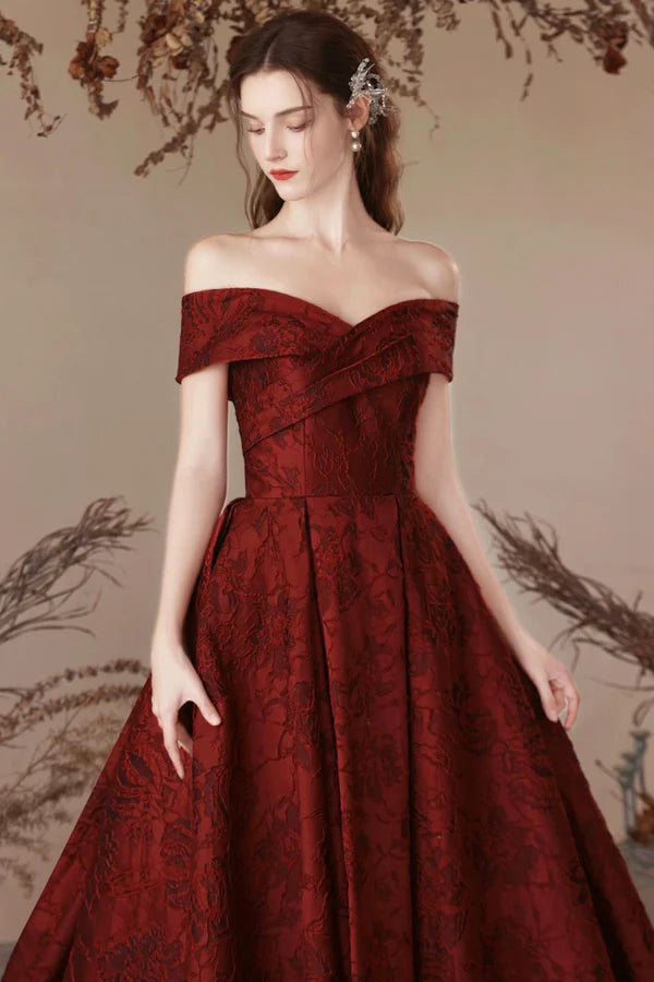 Wholesale Burgundy Satin Long Prom Dress Beautiful A-Line Off the Shoulder Evening Party Dress