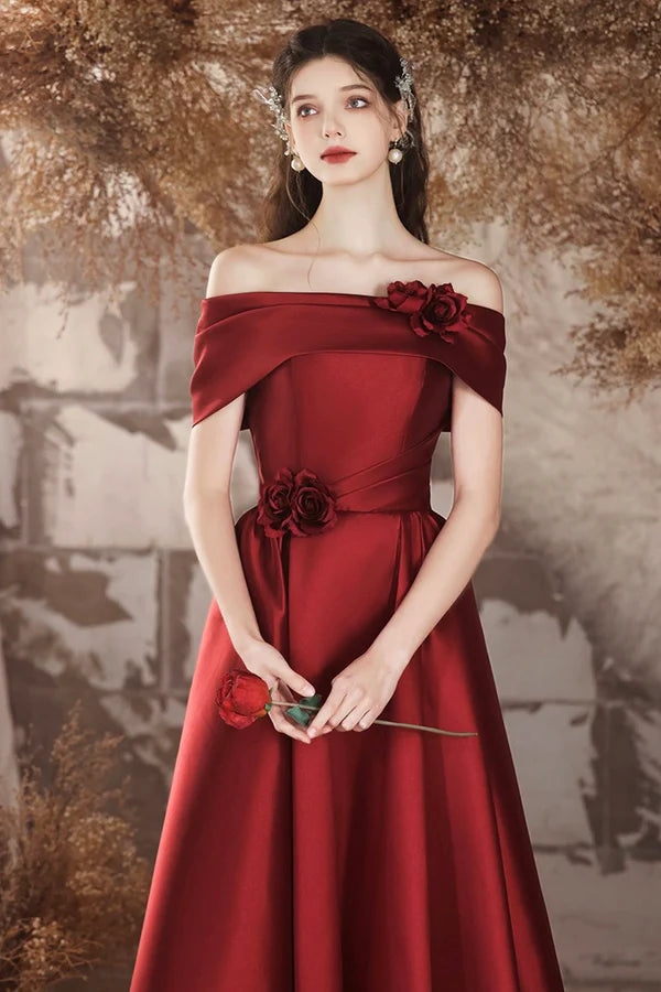 Wholesale Burgundy Satin Long A-Line Prom Dress Off the Shoulder Evening Party Dress
