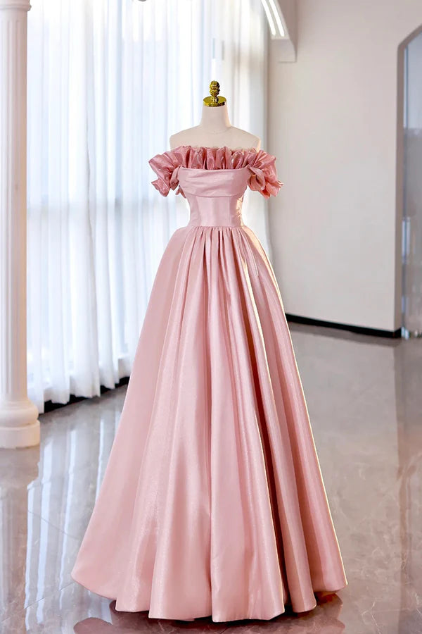 Wholesale Pink Strapless Satin Long Prom Dress A-Line Evening Party Dress