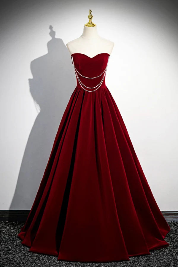 Wholesale A-Line Velvet Floor Length Prom Dress Burgundy Off the Shoulder Evening Party Dress