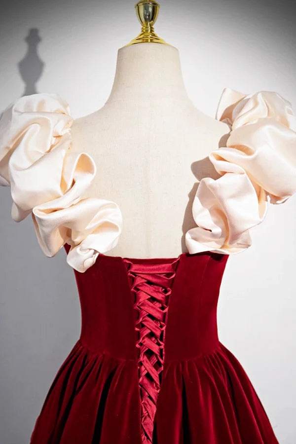 Wholesale A-Line Velvet Floor Length Prom Dress Burgundy Off the Shoulder Evening Party Dress