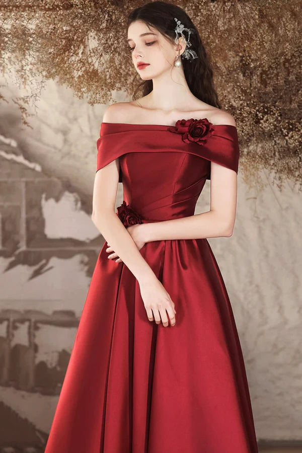Wholesale Burgundy Satin Long A-Line Prom Dress Off the Shoulder Evening Party Dress