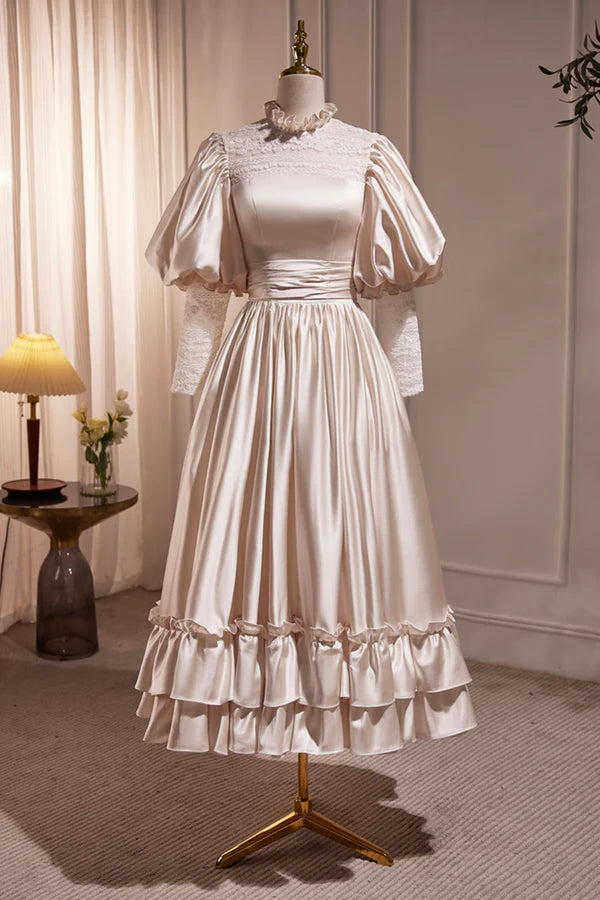 Wholesale Elegant Champagne Satin A-Line Prom Dress Champagne Ruffle High Neck Puffy Short Sleeve Backless Evening Dress