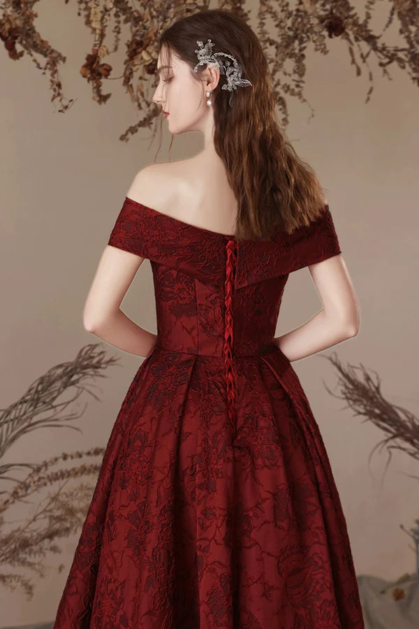 Wholesale Burgundy Satin Long Prom Dress Beautiful A-Line Off the Shoulder Evening Party Dress