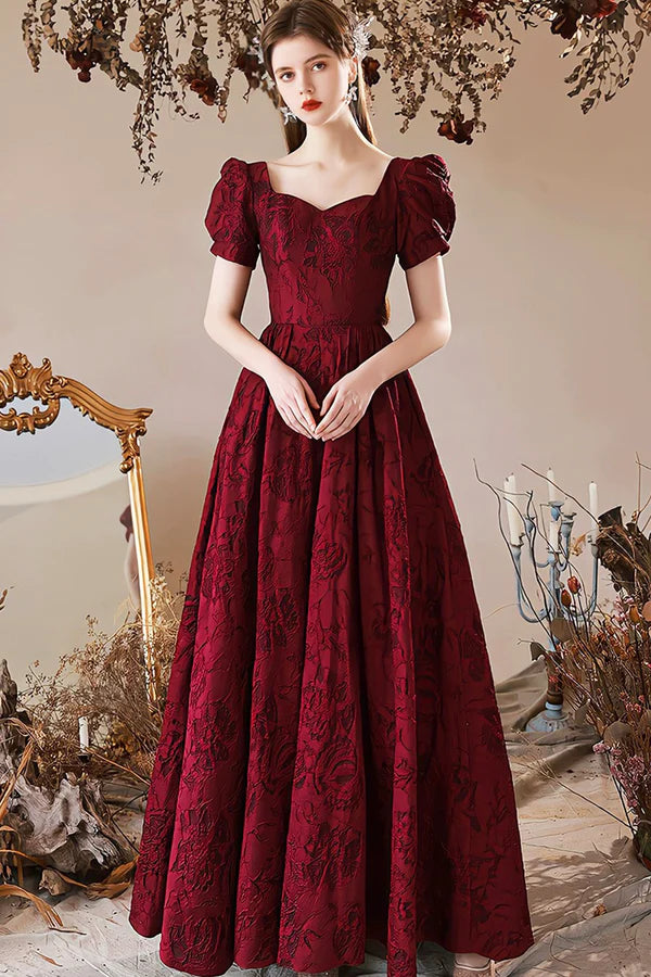 Wholesale Burgundy Satin Floor Length Prom Dress A-Line Short Sleeve Evening Party Dress
