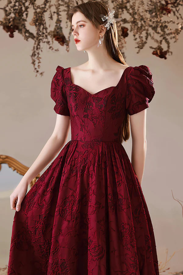 Wholesale Burgundy Satin Floor Length Prom Dress A-Line Short Sleeve Evening Party Dress