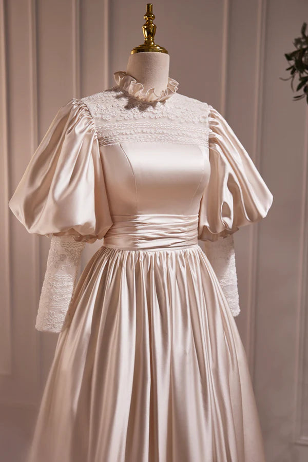 Wholesale Elegant Champagne Satin A-Line Prom Dress Champagne Ruffle High Neck Puffy Short Sleeve Backless Evening Dress