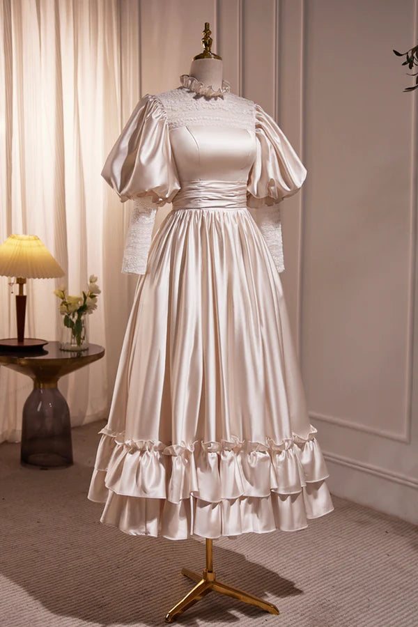 Wholesale Elegant Champagne Satin A-Line Prom Dress Champagne Ruffle High Neck Puffy Short Sleeve Backless Evening Dress