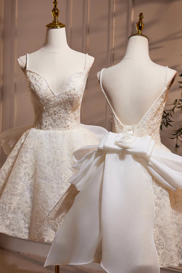 Wholesale Light Champagne V-Neck Lace Short Prom Dress A-Line Spaghetti Straps Backless Party Dress with Bow