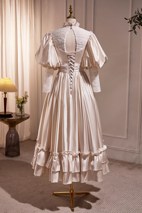 Wholesale Elegant Champagne Satin A-Line Prom Dress Champagne Ruffle High Neck Puffy Short Sleeve Backless Evening Dress