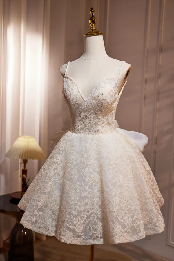 Wholesale Light Champagne V-Neck Lace Short Prom Dress A-Line Spaghetti Straps Backless Party Dress with Bow