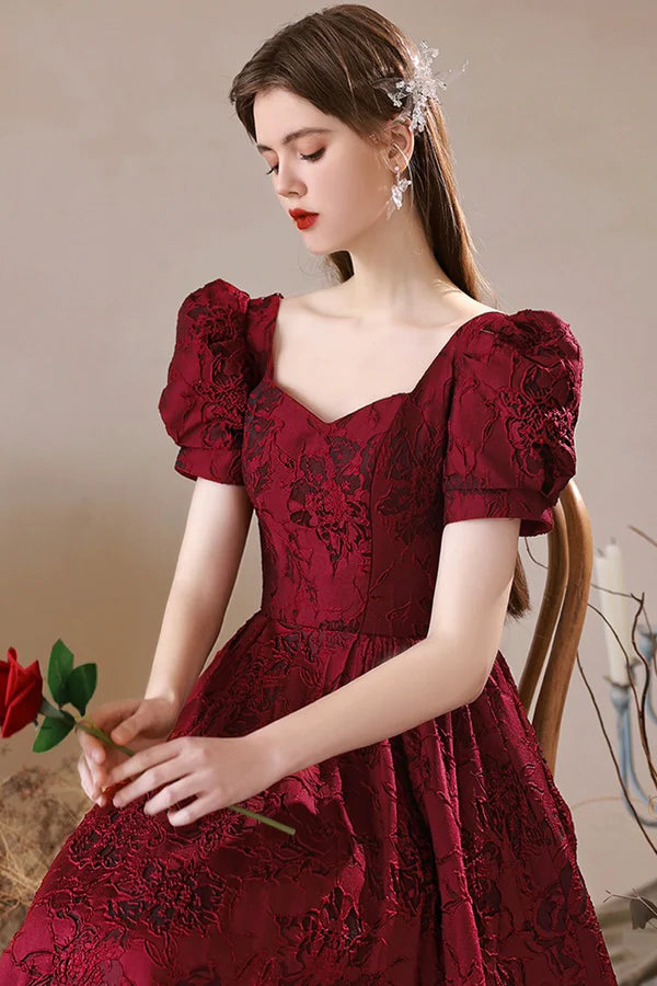 Wholesale Burgundy Satin Floor Length Prom Dress A-Line Short Sleeve Evening Party Dress