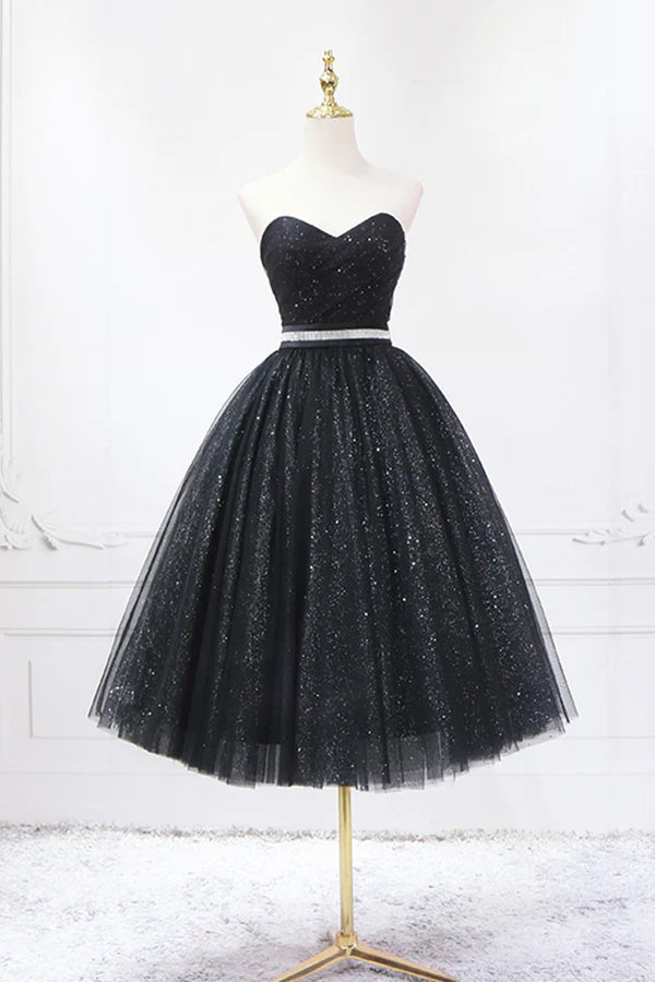 Wholesale Black Strapless Shiny Tulle Tea Length Prom Dress Black A-Line Homecoming Dress