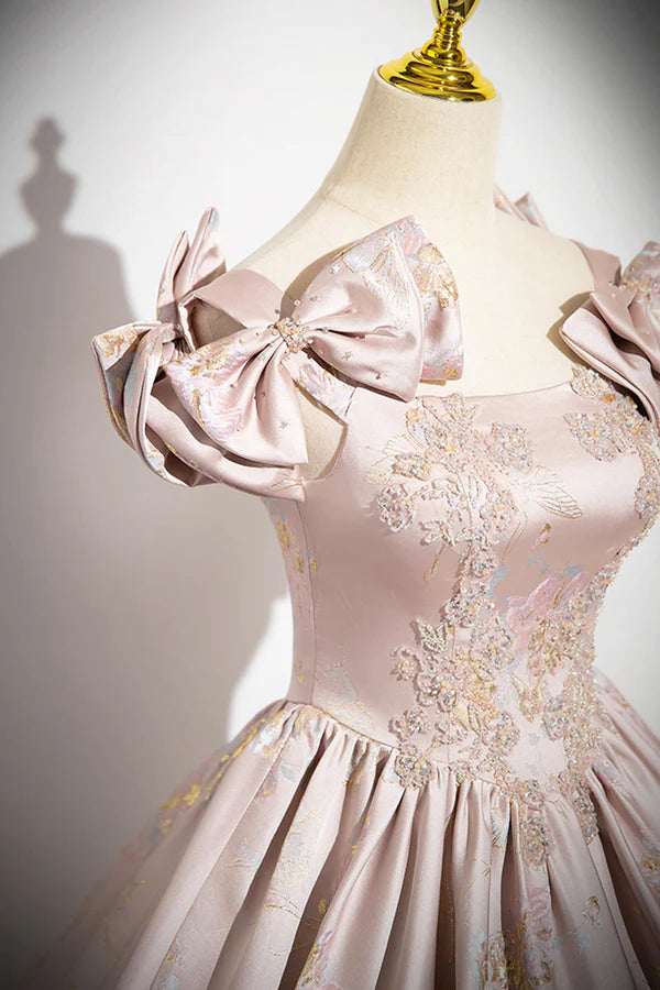 Wholesale Pink Satin Lace Long Prom Dress A-Line Scoop Neckline Formal Evening Dress