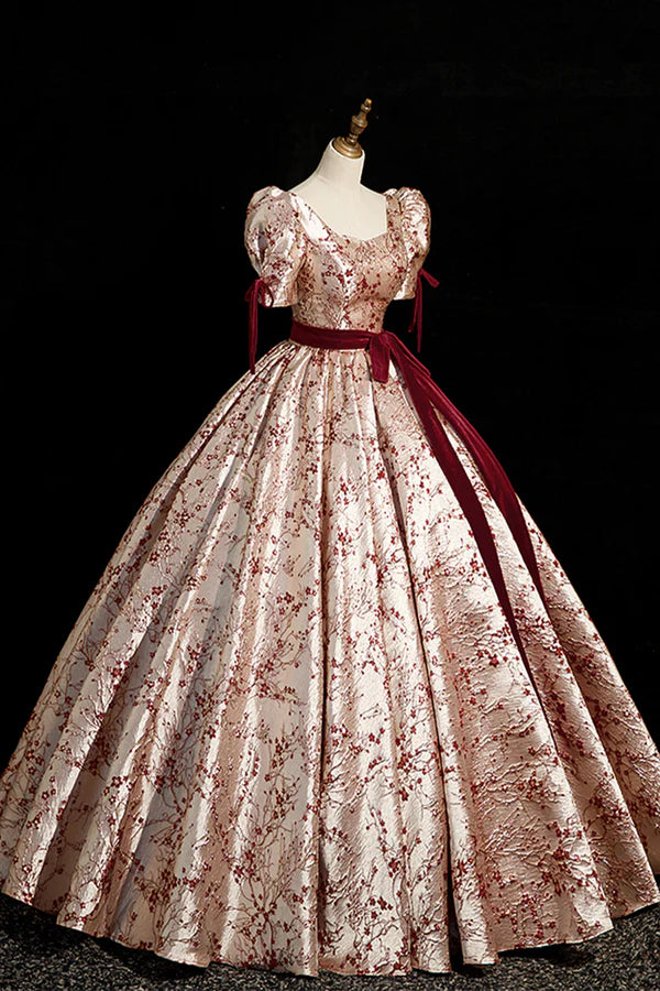 Wholesale Fashion Floor-Length Printing Prom Dresses Square Neckline Short Sleeve Backless Bow Sash Prom Formal Dresses