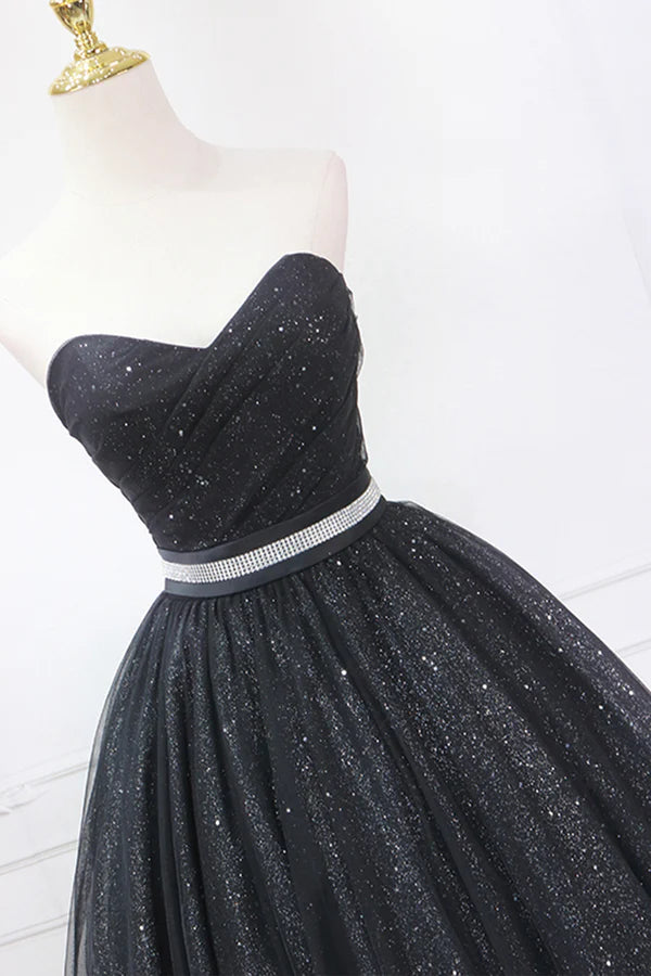 Wholesale Black Strapless Shiny Tulle Tea Length Prom Dress Black A-Line Homecoming Dress