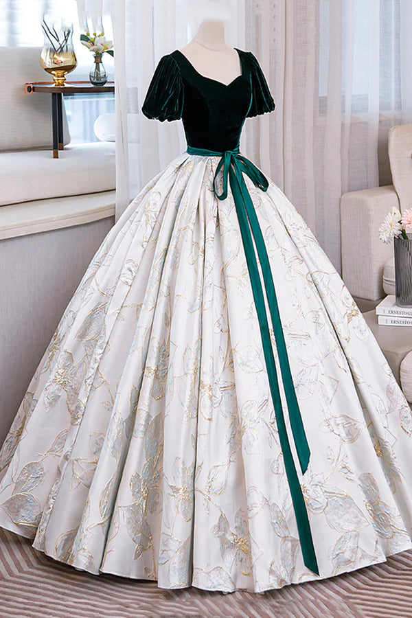 Wholesale Green Velvet Floor-Length Printing Prom Dresses A-Line Short Sleeve Evening Formal Dresses
