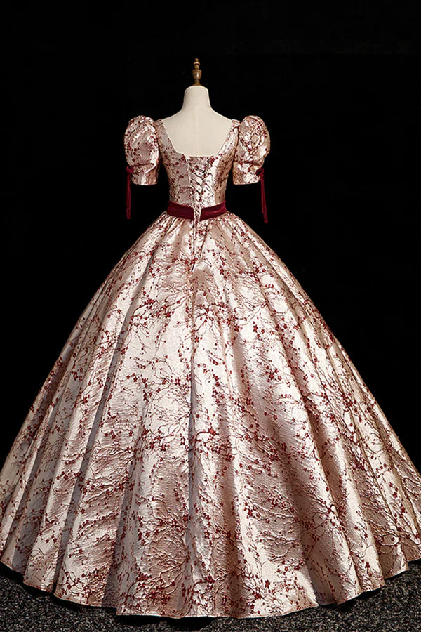 Wholesale Fashion Floor-Length Printing Prom Dresses Square Neckline Short Sleeve Backless Bow Sash Prom Formal Dresses