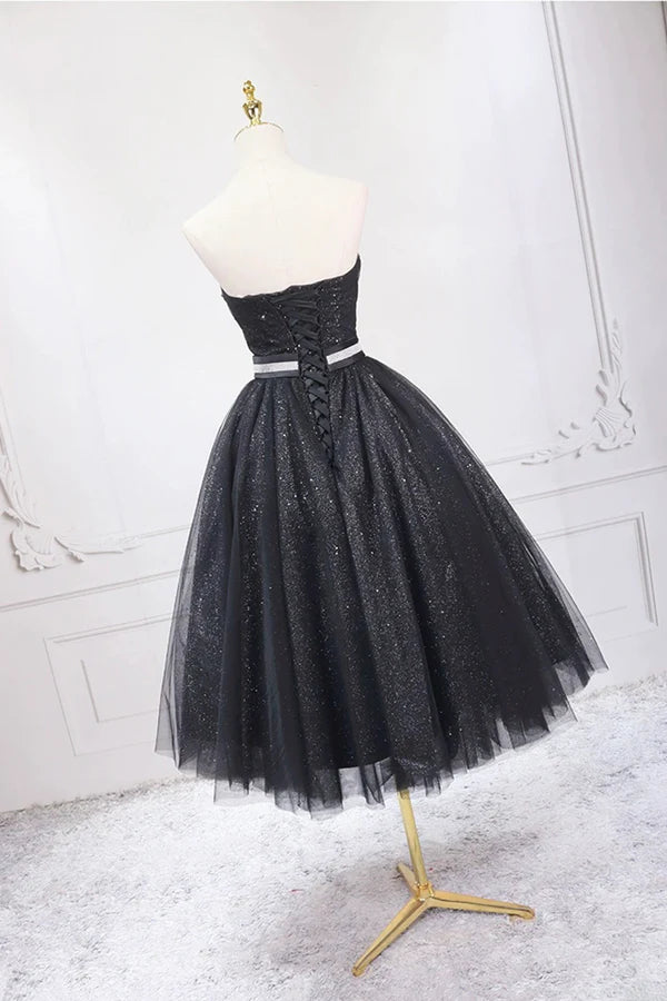 Wholesale Black Strapless Shiny Tulle Tea Length Prom Dress Black A-Line Homecoming Dress