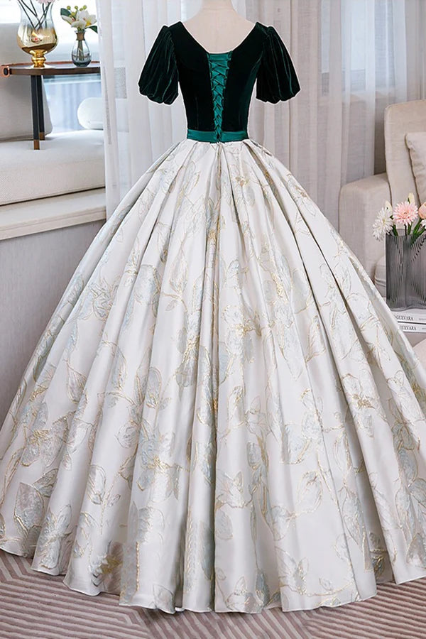 Wholesale Green Velvet Floor-Length Printing Prom Dresses A-Line Short Sleeve Evening Formal Dresses