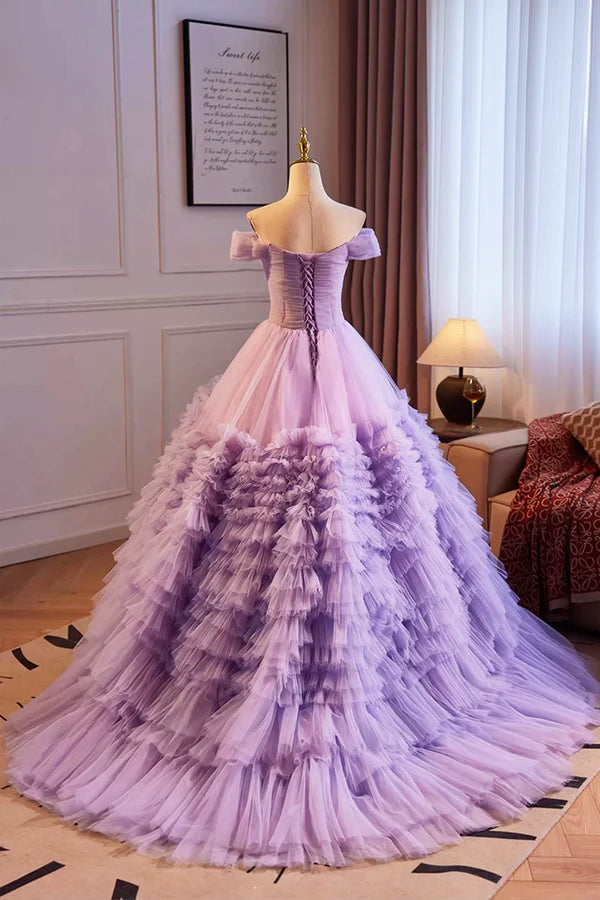 Wholesale Purple Off the Shoulder Tiered Ruffles Long Ball Grown Prom Formal Party Dresses