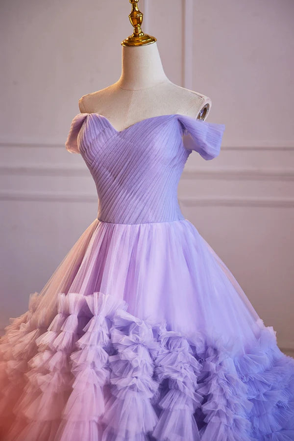 Wholesale Purple Off the Shoulder Tiered Ruffles Long Ball Grown Prom Formal Party Dresses