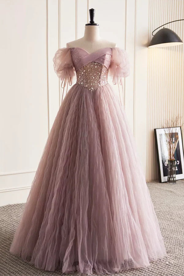 Wholesale Pink Tulle Sequins Floor Length Prom Dress Beautiful Off the Shoulder Evening Party Dress