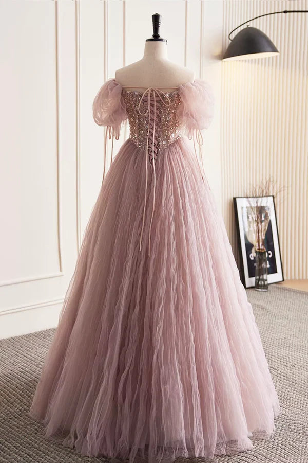 Wholesale Pink Tulle Sequins Floor Length Prom Dress Beautiful Off the Shoulder Evening Party Dress