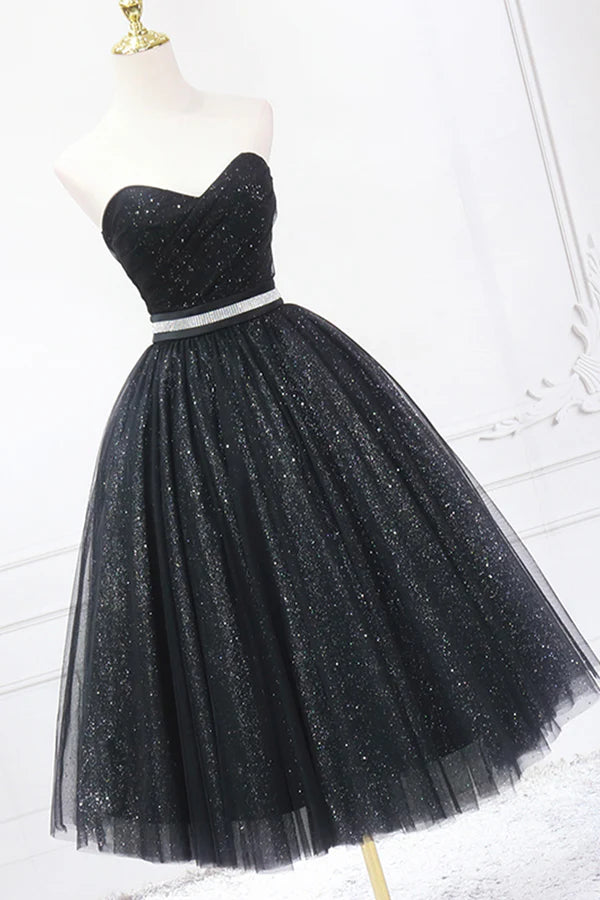 Wholesale Black Strapless Shiny Tulle Tea Length Prom Dress Black A-Line Homecoming Dress