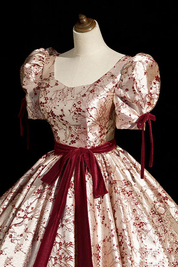 Wholesale Fashion Floor-Length Printing Prom Dresses Square Neckline Short Sleeve Backless Bow Sash Prom Formal Dresses