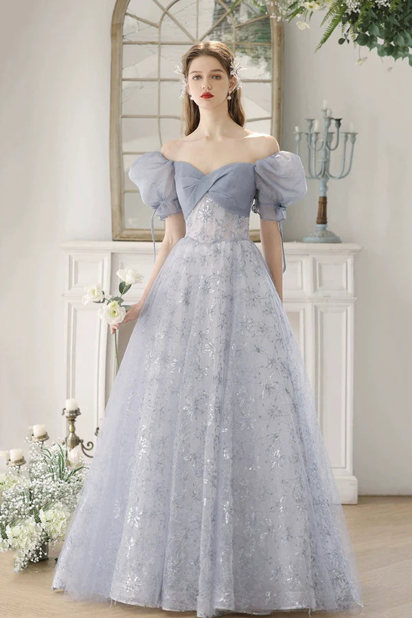 Wholesale Blue Tulle Lace Floor Length Prom Dress Beautiful Short Sleeve Evening Party Dress