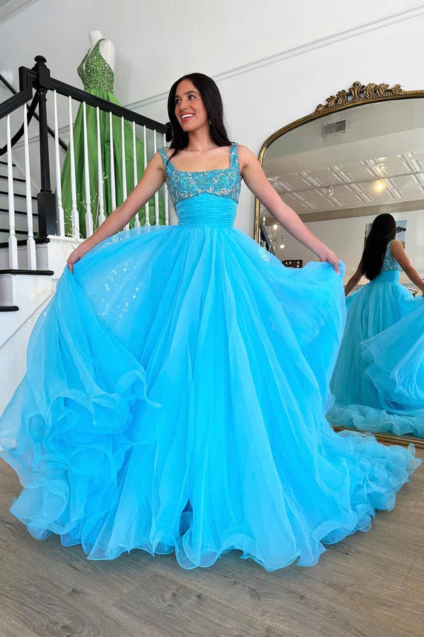 Wholesale Blue Tulle Beaded Long Floor Length Prom Dress Beautiful A-Line Evening Party Dress