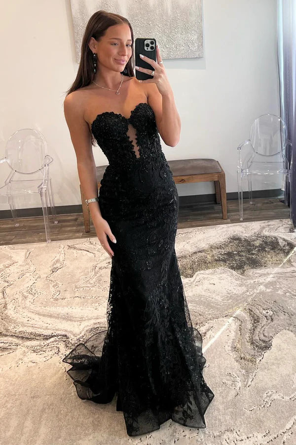 Wholesale Black Lace Long Mermaid Prom Dress Black Strapless Evening Party Dress