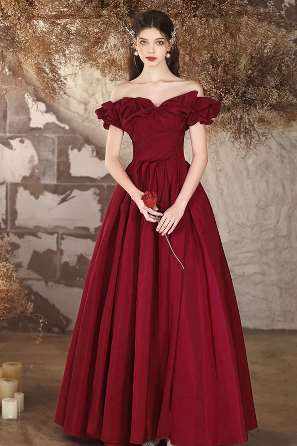 Wholesale Burgundy Off the Shoulder Long A-Line Formal Prom Dresses