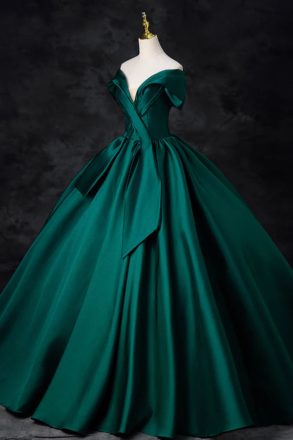 Wholesale Green Satin Floor Length A-Line Formal Dress Beautiful V-Neck Evening Party Dress