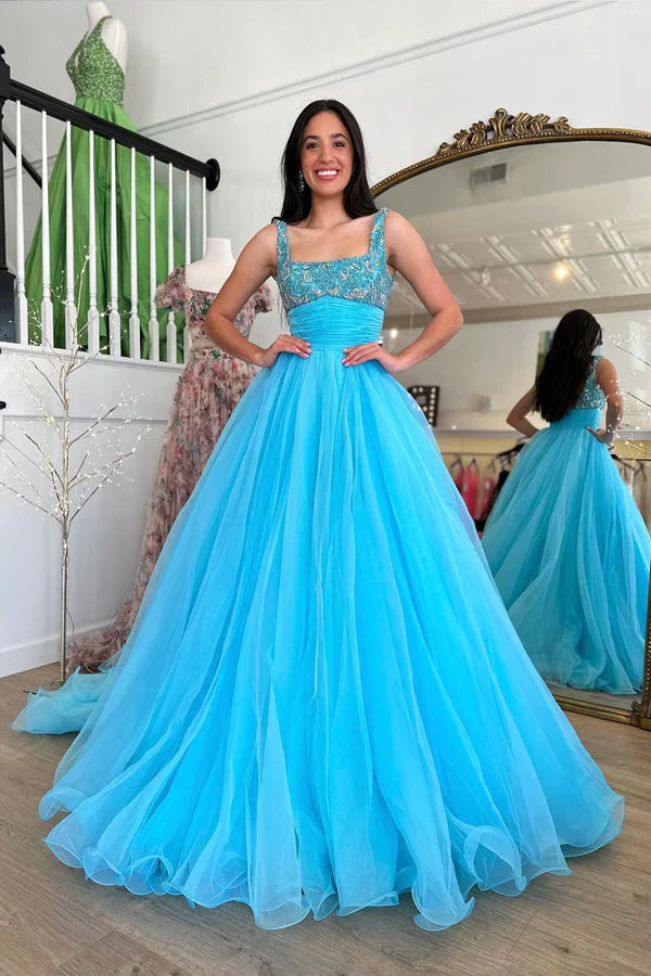 Wholesale Blue Tulle Beaded Long Floor Length Prom Dress Beautiful A-Line Evening Party Dress
