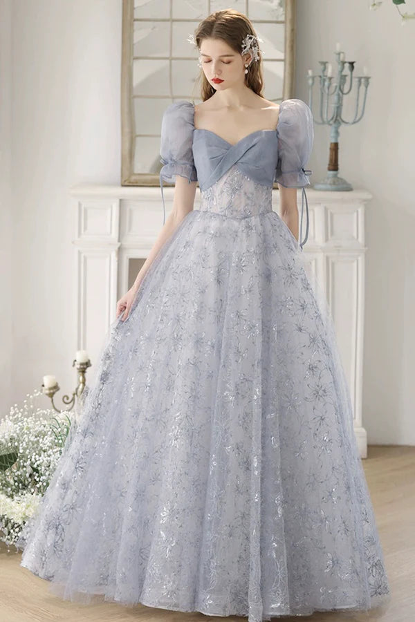 Wholesale Blue Tulle Lace Floor Length Prom Dress Beautiful Short Sleeve Evening Party Dress