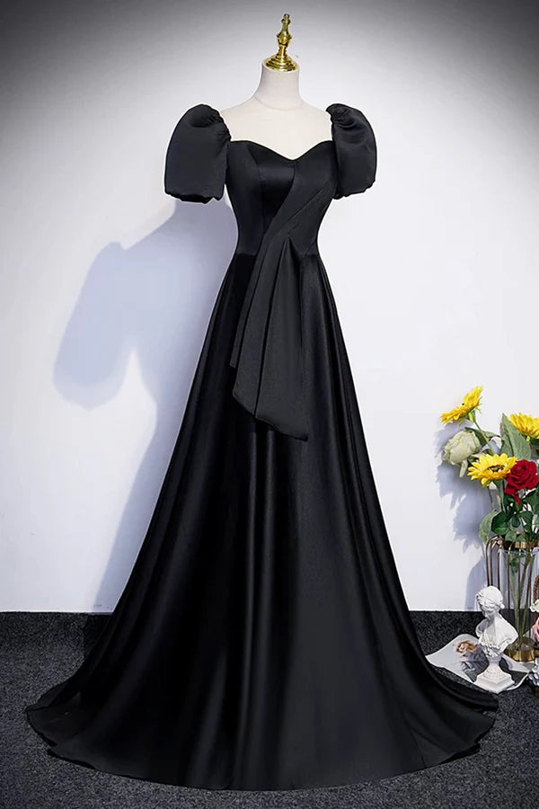 Wholesale Black Satin Long Prom Dress A-Line Short Sleeve Evening Party Dress
