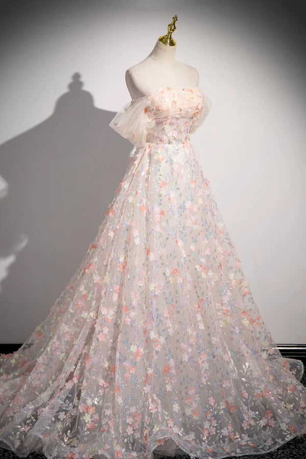 Wholesale Beautiful Floor Length Sequins and Flowers Party Dress Off the Shoulder Tulle Formal Dress