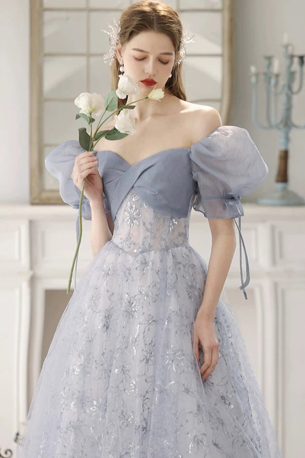 Wholesale Blue Tulle Lace Floor Length Prom Dress Beautiful Short Sleeve Evening Party Dress
