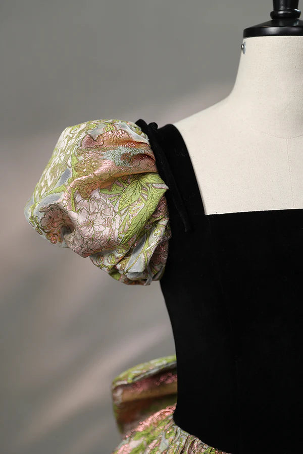 Wholesale Elegant Black Puffy Short Sleeve Floor Length Prom Dress A-Line Floral Pattern Evening Dress