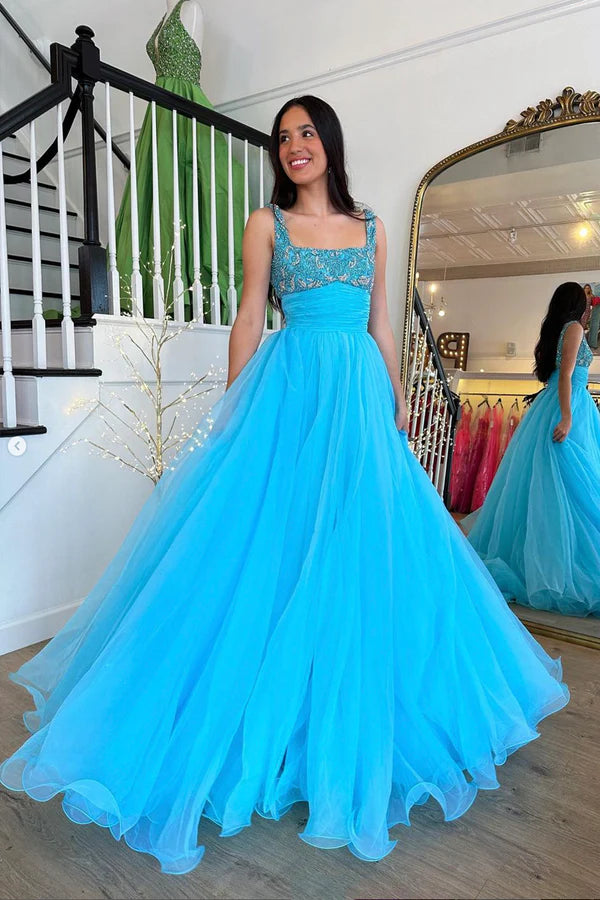 Wholesale Blue Tulle Beaded Long Floor Length Prom Dress Beautiful A-Line Evening Party Dress