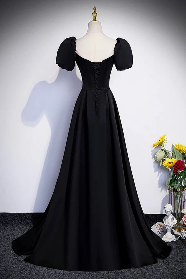 Wholesale Black Satin Long Prom Dress A-Line Short Sleeve Evening Party Dress
