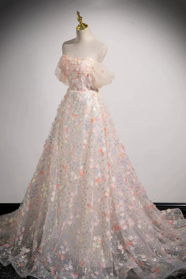 Wholesale Beautiful Floor Length Sequins and Flowers Party Dress Off the Shoulder Tulle Formal Dress
