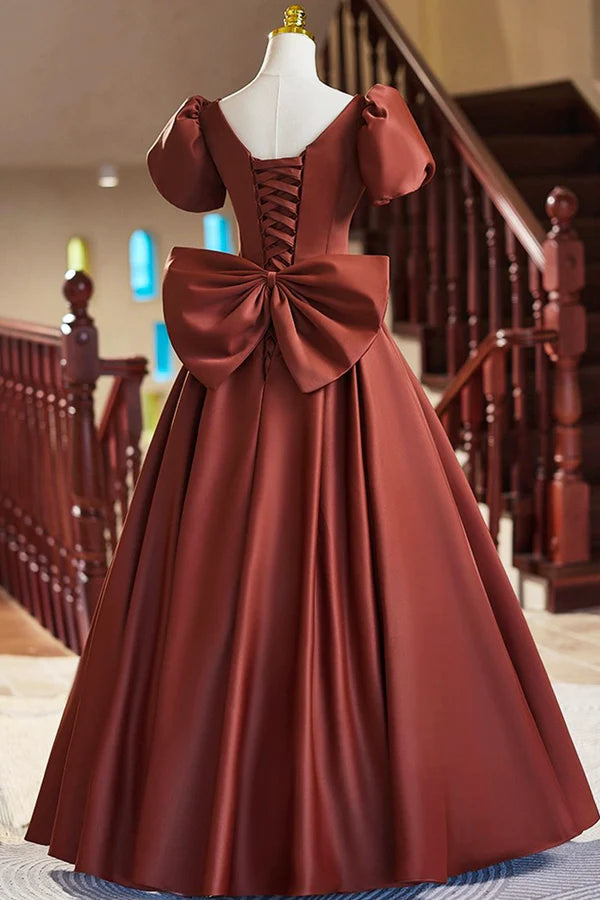 Wholesale A-Line Satin Floor Length Prom Dress Elegant Short Sleeve Evening Party Dress