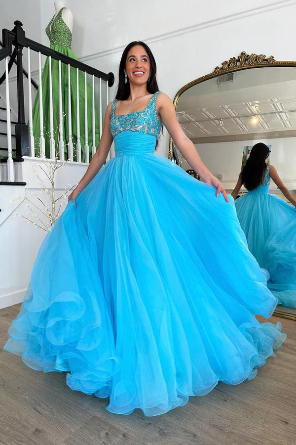 Wholesale Blue Tulle Beaded Long Floor Length Prom Dress Beautiful A-Line Evening Party Dress
