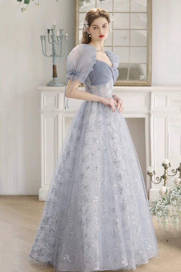 Wholesale Blue Tulle Lace Floor Length Prom Dress Beautiful Short Sleeve Evening Party Dress