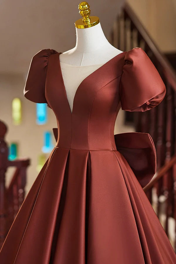 Wholesale A-Line Satin Floor Length Prom Dress Elegant Short Sleeve Evening Party Dress