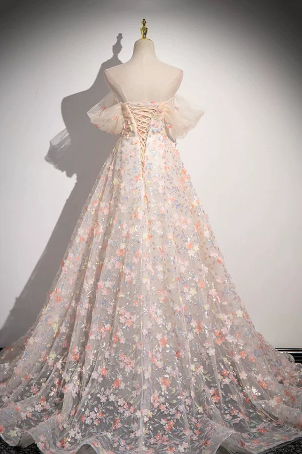 Wholesale Beautiful Floor Length Sequins and Flowers Party Dress Off the Shoulder Tulle Formal Dress